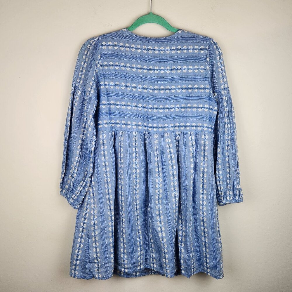 Designers Society Boho Peasant Gauzy Long Sleeve Mini Dress Blue White sz S - Picture 2 of 12